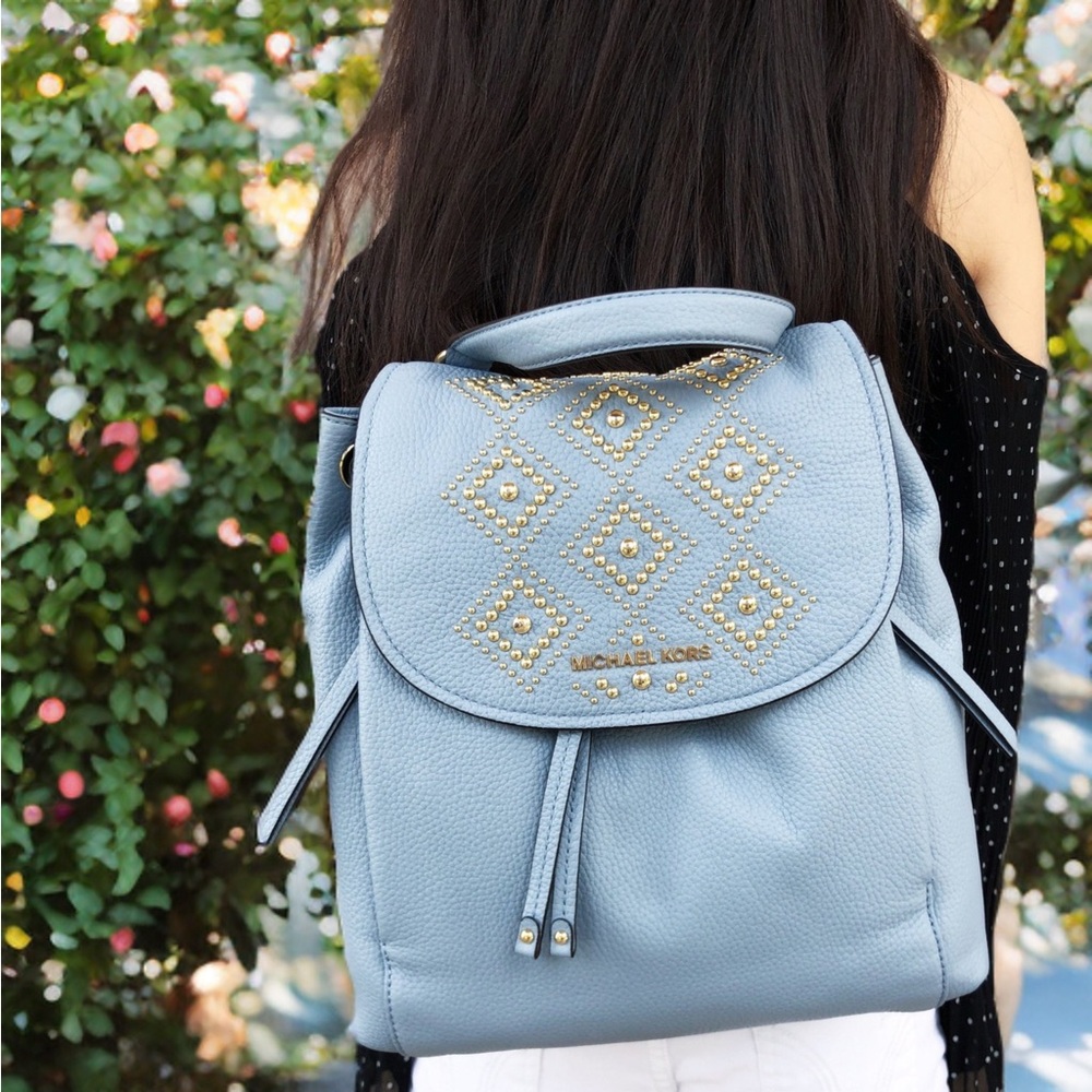 Gold Studded | Drawstring Flap Backpack | Pale Blue
